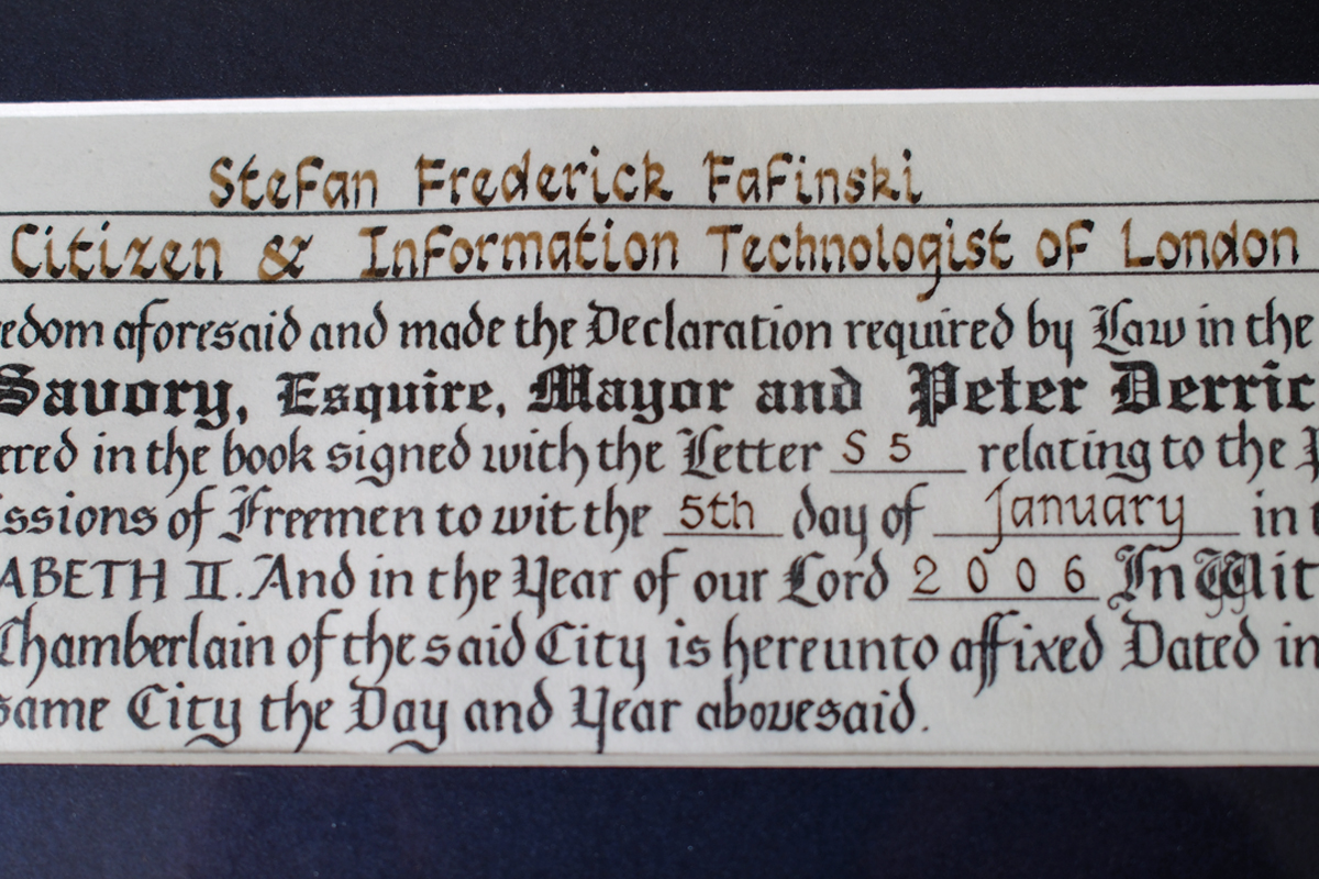 Except of the Freedom of the City of London certificate for Stefan Fafinski.
