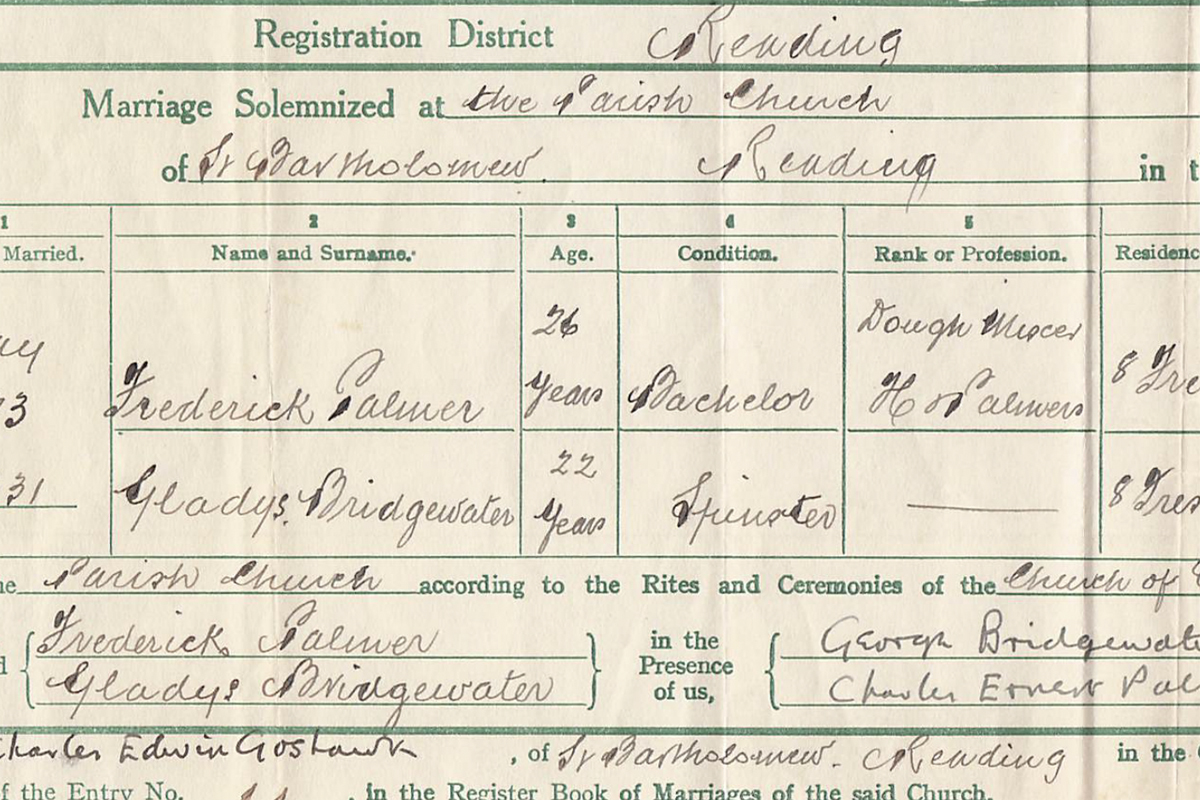 Marriage certificate of Frederick Palmer and Gladys Bridgewater 1931