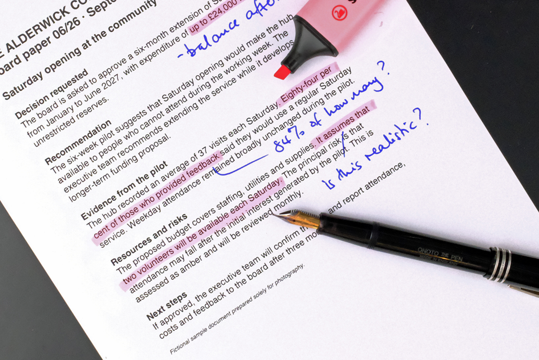 A fictional charity board paper marked with highlighted assumptions and handwritten questions.